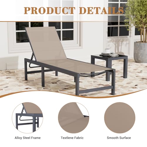 UDPATIO Outdoor Chaise Chairs & Table 3 Pieces Pool Lounge Chair, Poolside Sunloungers Lay Flat Sunbathing Chaise with Adjustable Backrest for Patio, Beach, Yard, Pool