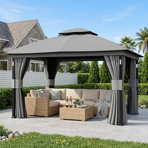 Covered Outdoor Patio Gazebo 11'x13' with LED Lights & Bluetooth Speaker, Heavy Duty Outdoor Canopy Shelter with Metal Frame, Double Roofs, Soft Top Gazebo with Netting and Curtains for Backyard, Gray