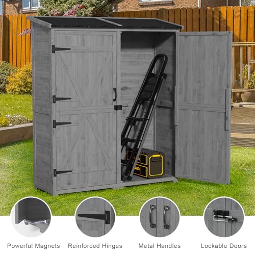 Gizoon Outdoor Storage Cabinet with Waterproof Roof, Double Lockable Doors Garden Shed with 2 Removable Shelves, Wooden Storage Shed with Large Storage Space for Patio, Garden, Backyard, Lawn, Grey