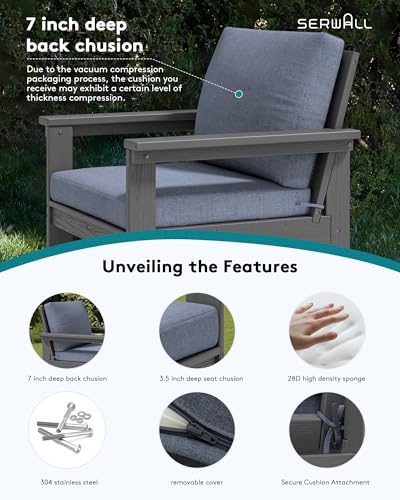 SERWALL HDPE Patio Furniture Set, 7-piece Outdoor Sectional Sofa Set, All Weather Outdoor Couch Set for Deck, Lawn, Grey Frame with Grey Cushion
