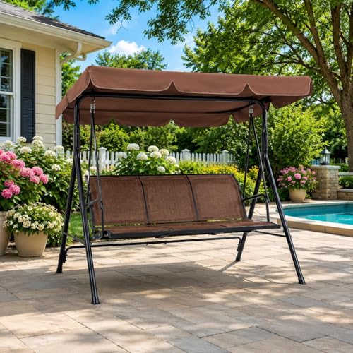 Yaheetech Outdoor Porch Swing Chair for Adults, 3-Seat Patio Hanging Swing w/Adjustable Canopy, Armrests, Porch Swing Sets w/Stand, Breathable Fabric for Backyard/Garden/Balcony, Dark Brown