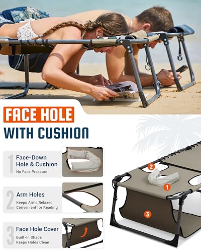 KingCamp Tanning Chair with Face Hole, Lounge Chairs Outdoor Folding Comfy Adjustable 5-Position Lay Flat Foldable Chaise Chaser Lounger for Outside Beach Patio Sun Bathing Pool, Beige