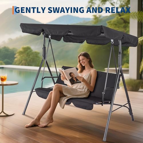 3-Seat Outdoor Patio Porch Swing with Stand, Adjustable Canopy & Thick Waterproof Cushions, Steel Frame Swing Outdoor Chair for Backyard, Front Porch, Lawn, Garden