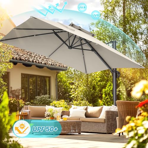 HOTEEL 10x10ft Patio Umbrella Cantilever Umbrella Double Top - Upgrade and Intensify - 360 Rotation and 5 Angles Adjustment - Aluminum Offset Pool Umbrella Outdoor Umbrellas for Patio Garden Deck Pool,Beige