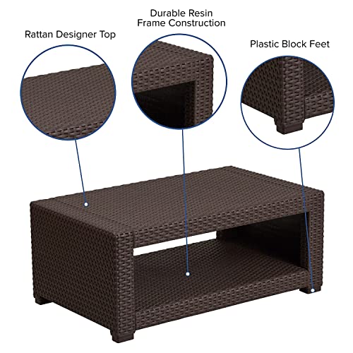 Flash Furniture Seneca Indoor/Outdoor Chocolate Brown Faux Rattan Coffee Table with Open Storage