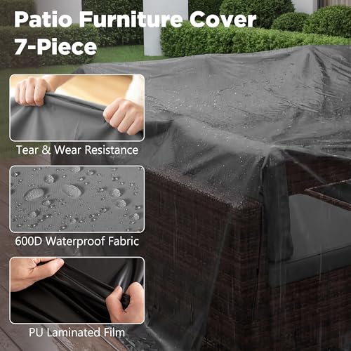 LHBcraft Patio Furniture Set with Rain Cover,7 Pieces Outdoor Wicker Rattan Patio Furniture, Wicker Rattan Outdoor Sectional Sofa Set with Coffee Table for Garden, Poolside Taupe-Grey