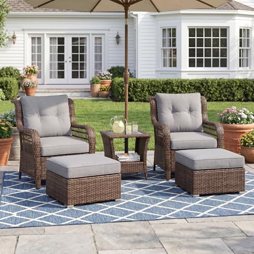 SUNBURY 2 Piece Outdoor Wicker Patio Ottoman Set, 30" Large Square Footrest with Thick Removable Cushion, All-Weather PE Rattan Stool for Backyard Poolside Porch, Grey