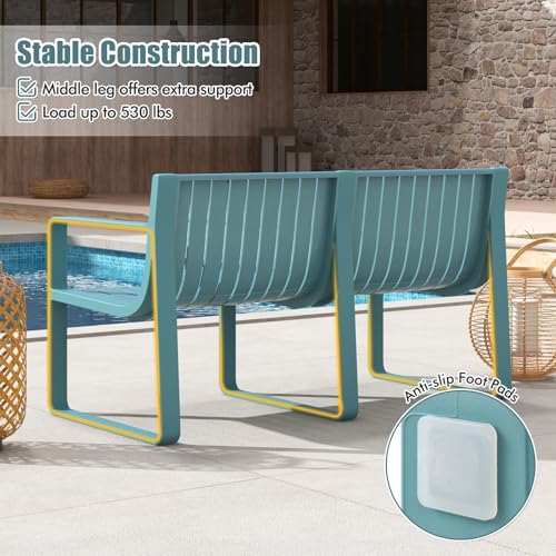 Tangkula Patio Loveseat, Weather-Resistant Plastic 2-Person Bench with Curved Backrest, Outdoor Conversation Furniture with Slatted Design for Patio, Poolside, Backyard, Garden, Deck, Lawn (Blue)