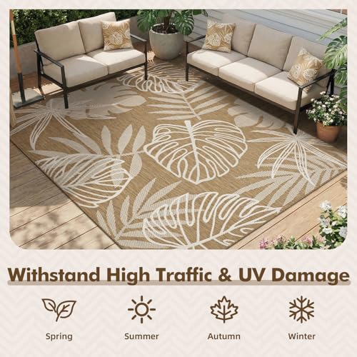 MontVoo-Outdoor Rug-Patio Rug 5x7 ft Polypropylene Indoor Outdoor Rugs Outdoor Carpet for Patio Deck Balcony Porch, Textured Weave, Durable for High Traffic, Fade-Resistant, Tropical Neutral Brown