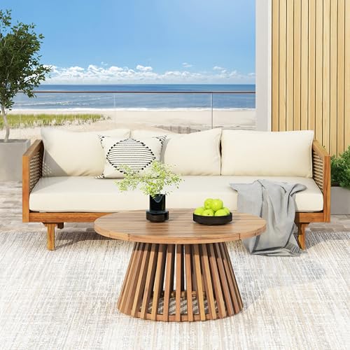 Christopher Knight Home Charm Patio Conversation Set, 3 Seater Acacia Wood Sofa, Spacious Seating Wicker Armrest Chair, Wood Coffee Table, Round Side Table, Outdoor Furniture for Backyard, Beige