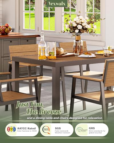 Vexwalx 7-Piece Outdoor Dining Set, Aluminum Dining Table Set for 6, Patio Table and Chairs Set with Umbrella Hole, All Weather HDPS Outdoor Table and Chairs for 6 (Gray-Teak)
