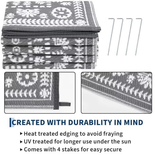 Garvee Reversible Outdoor Rug 5x8 for Patio, Waterproof Outdoor Area Rug, Boho Medallion Indoor Outdoor Carpet for Porch, Plastic Straw Rug for RV, Camping, Deck, Vintage Grey