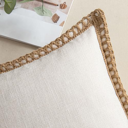 MIULEE Pack of 2 Decorative Throw Pillow Covers Modern Farmhouse Outdoor Pillow Covers Neutral Linen Burlap Cushions for Couch Bed Living Room Sofa, Natural White 18 x 18 inches 45 x 45 cm