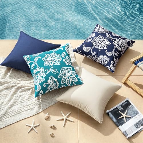 SWANCOCO Decorative Outdoor Floral Pillow Covers Set of 2,Waterproof Boho Farmhouse Throw Pillows Summer Coastal Accent Pillowcases for Patio Furniture Garden Sofa 18x18 Inch, Navy Blue
