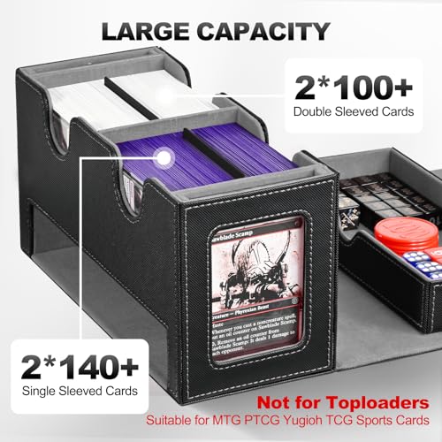 UAONO Card Deck Box for MTG, Double Storage Box with 2 Commander Display & 1 Dice Tray, Fits 200+ Double Sleeved, Organizer for CCG TCG Sports(Black Gray)