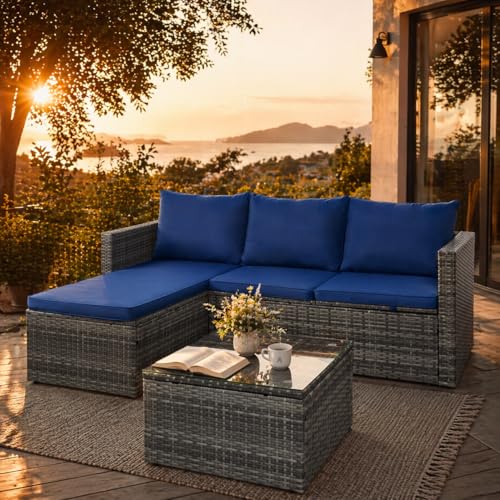 SUNLEI Small Outdoor Sofa Patio Furniture Set with Detachable Cushions, 3 PCS Patio Sectional Sofa with Coffee Table & 5 Position Adjustable,PE Rattan Patio Conversation Set, Silver Rattan/Royal Blue