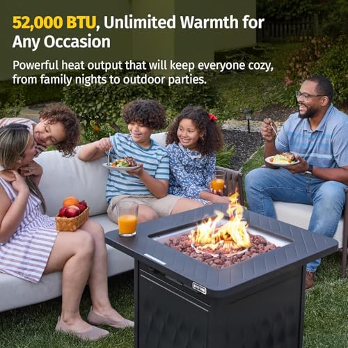 East Oak 28” Outdoor Propane Fire Pit Table | 52,000 BTU Gas Fire Pit for Outside with Easy-Hook Lid, Mesh Pocket & Lava Rocks | CSA Certified | Ideal for Patio, Garden & Backyard | Black
