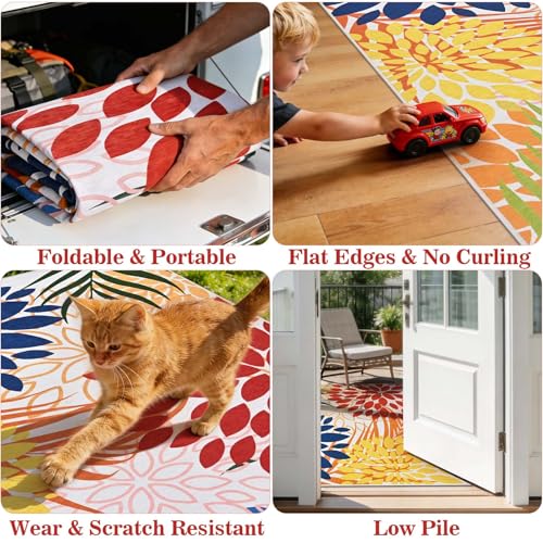 Yinhua Dahlia Floral Outdoor Rug 8x10 Colorful Indoor Outdoor Rugs Washable Patio Rug Non Slip Large Flower Area Rug Low Pile Outdoor Carpet for Patio, Deck, Porch, Balcony, Camping, Red and Blue