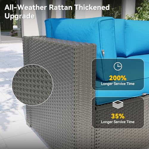 Aoxun Patio Furniture Set, 7 Piece Outdoor Sectional Sofas with Waterproof Cover, Wicker Rattan Outdoor Furniture Patio Conversation Set for Backyard, Garden Peacock Blue