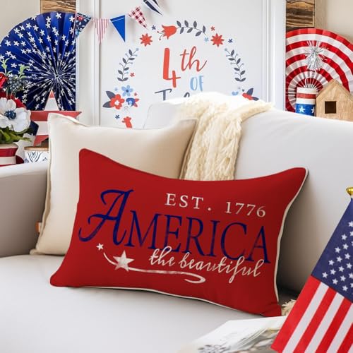 RABUSOFA 4th of July Patriotic Signs Throw Pillow Covers 12x20 Inch,Red White and Blue Memorial Day Outdoor Independence Day Fourth of July Lumbar Cushion Case Decoration for Home