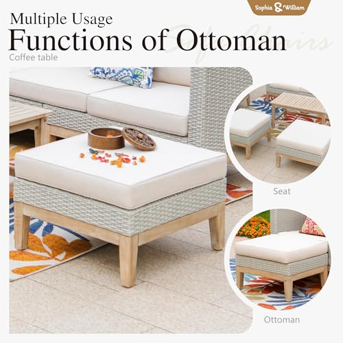 Sophia & William Patio Furniture Set, 5-Piece Wicker Patio Conversation Set, Rattan Outdoor Sectional Sofas with Ottomans & Wooden Coffee Table, Beige