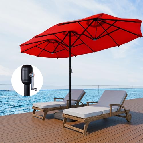 Shintenchi 13FT Large Patio Umbrella with Base Included, Outdoor Double-Sided Rectangular Shade with Crank Handle for Poolside Lawn, Deck & Garden, Red