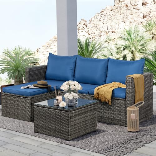 SUNLEI Small Outdoor Sofa Patio Furniture Set with Detachable Cushions, 3 PCS Patio Sectional Sofa with Coffee Table & 5 Position Adjustable,PE Rattan Patio Conversation Set, Silver Rattan/Royal Blue