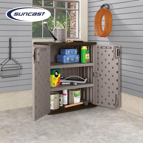 Suncast Base Storage Cabinet for Garage Organization - 9 Cu. Ft. Lockable 2-Shelf Organizer for Garden Supplies, Paint Cans & Outdoor Tools, Multi-Wall Resin Construction, Platinum