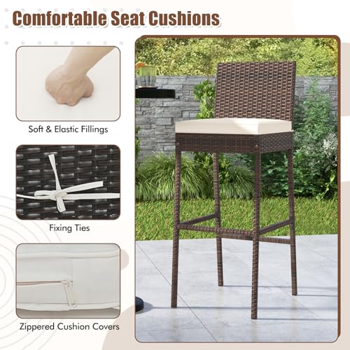 HAPPYGRILL Wicker Patio Barstools Set of 4, Outdoor Rattan Bar Chairs with Footrest & Backrest, Armless High Top Chairs with Seat Cushions for Backyard, Balcony