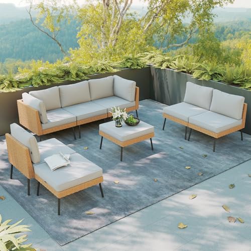 Aoxun 8 Piece Patio Furniture Set, 8 Seats Outdoor Sectional Sofas with Thick Cushion, Wicker Outdoor Patio Furniture Set with Ottomans for Party, Garden, Backyard, Grey