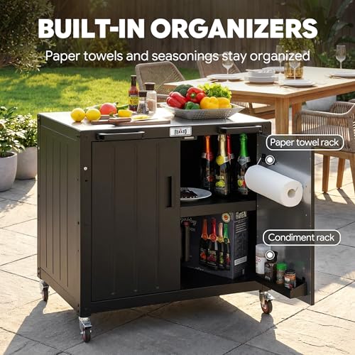 Feasto Outdoor Grill Cart with Storage Cabinet and Stainless Steel Top, 35-Inch Outdoor Grill Station with Door, Modular Kitchen Island for Food Prep and BBQ, Black & Silver