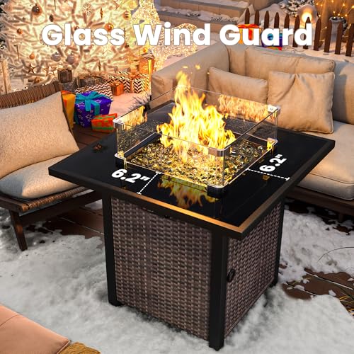 Propane Fire Pit Table, Outdoor Fire Pit Table, 28" Rattan Square Outdoor Gas FirePit with Glass Wind Guard, Tempered Glass Tabletop, Lid, CSA Listed, 50,000 BTU, Outside Patio Deck & Garden, Brown