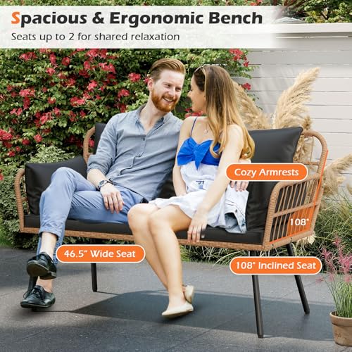Tangkula Patio Wicker Loveseat, Outdoor 2-Seater PE Rattan Sofa with Pillows, Cushions, Metal Frame & Adjustable Foot Pads, 660 lbs Outside Couch for Porch, Backyard & Poolside (Black, 50.5" L)