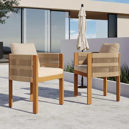 Christopher Knight Home Levi Set of 2 Outdoor Dining Chairs, Acacia Wood Patio Dining Room Chair with Waterproof Cushions, Rope-Wrapped Accents, Comfy Poolside Kitchen Chairs, Teak + Beige