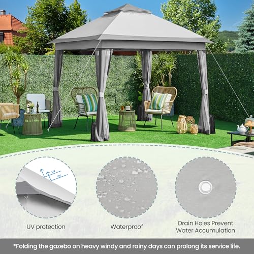 Yaheetech 11x11 Pop Up Gazebo Outdoor Canopy Shelter, Instant Patio Gazebo Sun Shade Canopy Tent with 4 Sandbags, 2 Tiers Roof & Mesh Netting for Lawn, Garden, Backyard & Deck, Gray