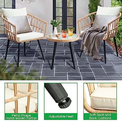 PORWEY 3 Piece Patio Bistro Set, Outdoor Wicker Apartment Balcony Furniture Sets, Rattan Table and Chairs Set of 2 for Porch Backyard Lawn Poolside Deck, Beige