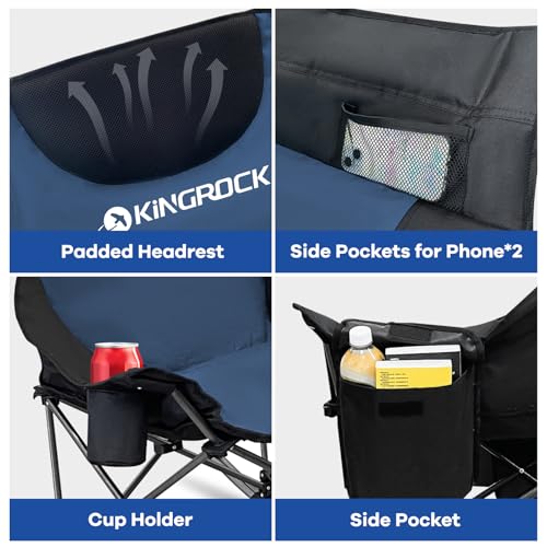 KINGROCK Oversized Rocking Camping Chair with Headrest and Carry Bag, 260LBS Capacity Folding Portable Camp Chairs for Adults, Recliner for Outdoor, Beach, Fishing, Travel, Sports Games,Navy Blue