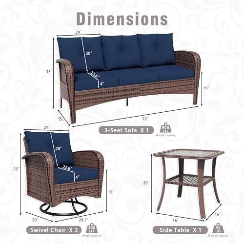 Qsoer 4 Piece Patio Conversation Set - 2 Swivel Chairs 1 Coffee Table 3-Seater Sofa, PE Wicker & Steel Patio Furniture with Heavy-Duty Steel Frame,Weatherproof Cushions, Blue