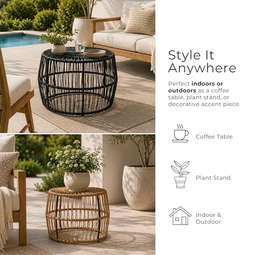 Furniture of America Ysar Boho Rattan Round Coffee Table Outdoor with Metal Frame, All-Weather and Rust Resistant, Handcrafted Coastal Furniture for Patio, Poolside, Garden, Yard, Black