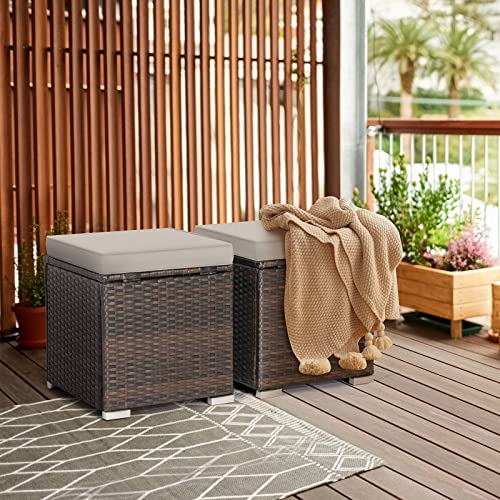 DORTALA Outdoor Storage Ottoman Wicker 2 Piece, Patio Ottomans PE Rattan Foot Rest Footstool with Cushions for Couch, Chair, Beige