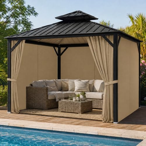 Gazebo Privacy Curtains with Zipper 4-Panels Side Wall Universal Replacement for Patio, Outdoor Canopy, Garden and Backyard (Curtain Only) (Khaki, 10'x12')