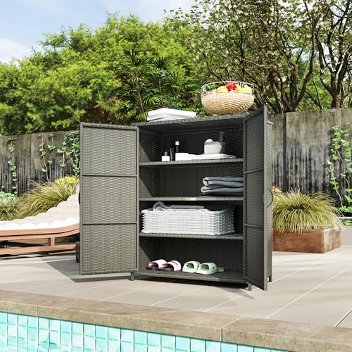 Outsunny Wicker Outdoor Storage Cabinet with Shelves, 4-Shelf Outdoor Pool Towel Cabinet with Two Doors, Rattan Patio Storage Shelves for Garden, Backyard, Porch, Dark Gray