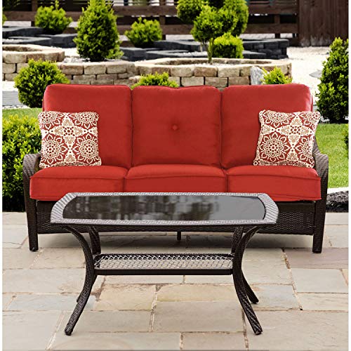 Hanover Orleans 2-Piece Steel Outdoor Patio Deep Seating Set with Brown Wicker, Sofa, Autumn Berry Red Cushions, 2 Pillows and Glass Top Rectangular Coffee Table