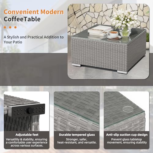 Oakcloud 7-Piece Outdoor Grey Rattan Wicker Sectional Conversation Sets Patio Furniture Sofa Set with Cushions and Glass Top Table(Grey)
