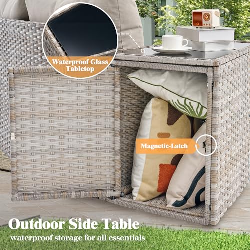 LUXOAK 9-Piece Wicker Patio Furniture Set with Swivel Rocking Chairs, Curved Sectional Sofa with Storage Table, All-Weather Outdoor Conversation Set with 6" Armrests, for Backyard/Garden/Deck