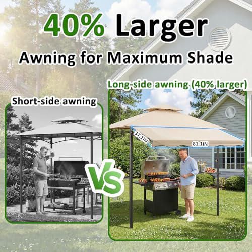 CHARMELEON 8x8 FT Grill Gazebo, Grill Canopy with Big Awning&2 Side Shelves&6 Hooks&Bottle Opener, Powder-Coated Steel BBQ Shelter for Patio Backyard Outdoor Grilling-Beige