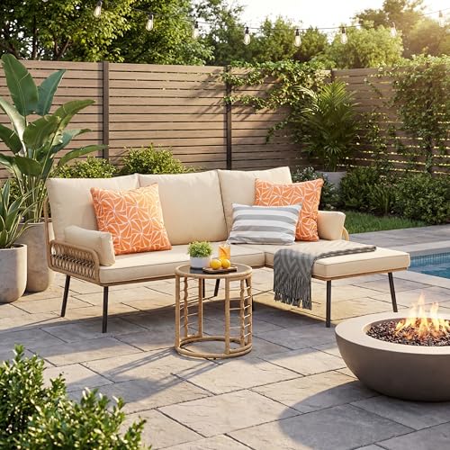 Gizoon 3-Piece Outdoor Patio Furniture Set, All-Weather PE Wicker L-Shaped Conversation Sofa with Thick Cushions & Glass Table, for Backyard, Porch, Balcony, Poolside (Beige)