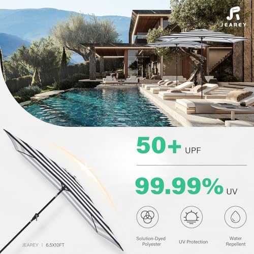JEAREY 6.5x10 ft Rectangular Patio Umbrellas Rectangle Outdoor Umbrella with Push Button Tilt and Crank, Market Table Umbrella 6 Sturdy Ribs UV Protection for Poolside Garden Backyard Deck, Black-White Stripe