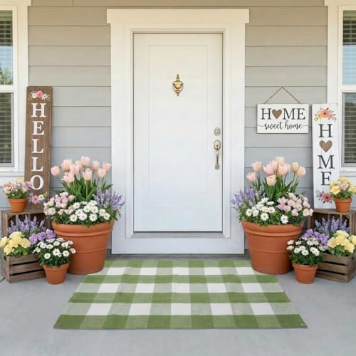 WAYYE Buffalo Plaid Outdoor Rug 27.5" x 43" Grass Green and White Checkered Area Rug Washable Doormats Indoor Outdoor Rugs for Layered Front Door Mats, Porch, Entryway, Kitchen, Farmhouse