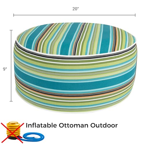 Inflatable Outdoor Ottoman,20"x9" Portable Patio Pouf,Water Resistant,Fade-Resistant,Round Blow Up Footrest Stools for Home Garden Camping Travel(Green Stripe)